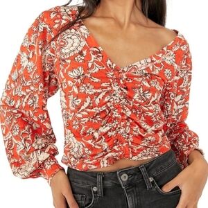 New Free People Say The Word Ruched Long Sleeve Crop Top Size Medium